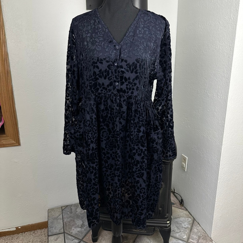Caron Joy Burnout Velvet Dress Lg Black Floral Babydoll Sheer Whimsigoth 90s